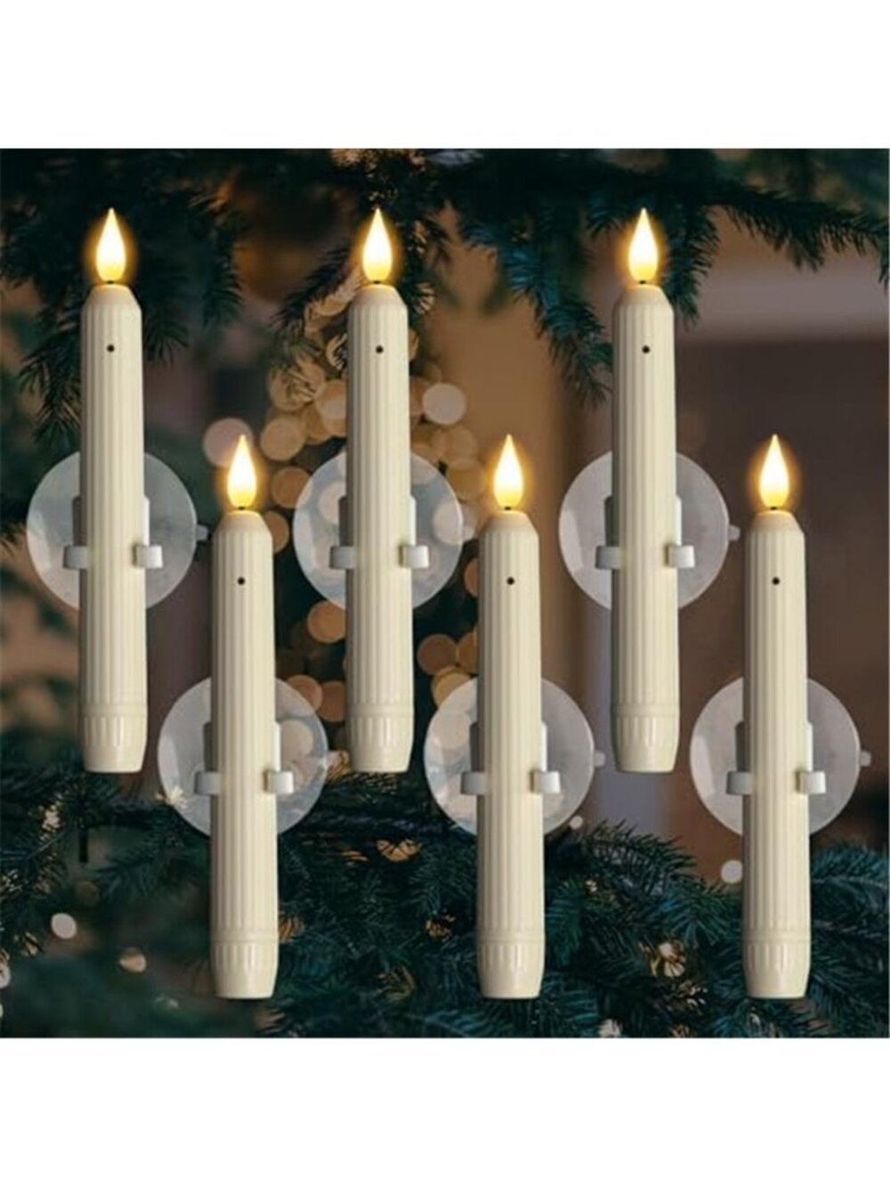 6 Pcs Window Candles with Sensor Dusk to Dawn, Ivory Striped Candlesticks